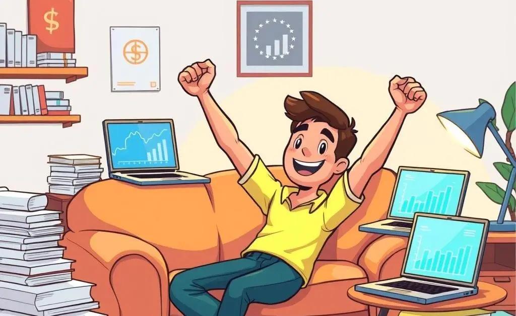 Cartoon of freelancer lounging victoriously on a couch surrounded by neatly filed finances