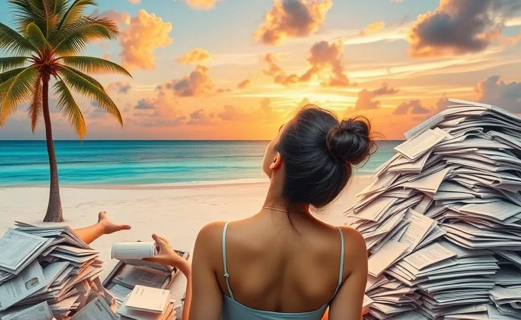 Mia picturing herself on a tropical beach but instead surrounded by a mountain of bills
