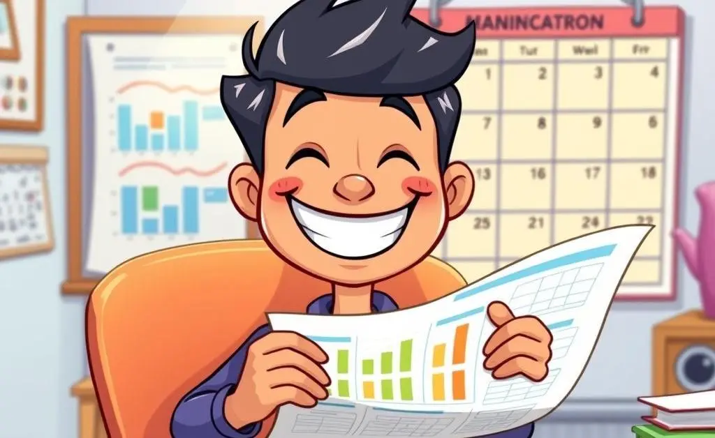 A cartoon character smiling and creating a budget plan with a calendar
