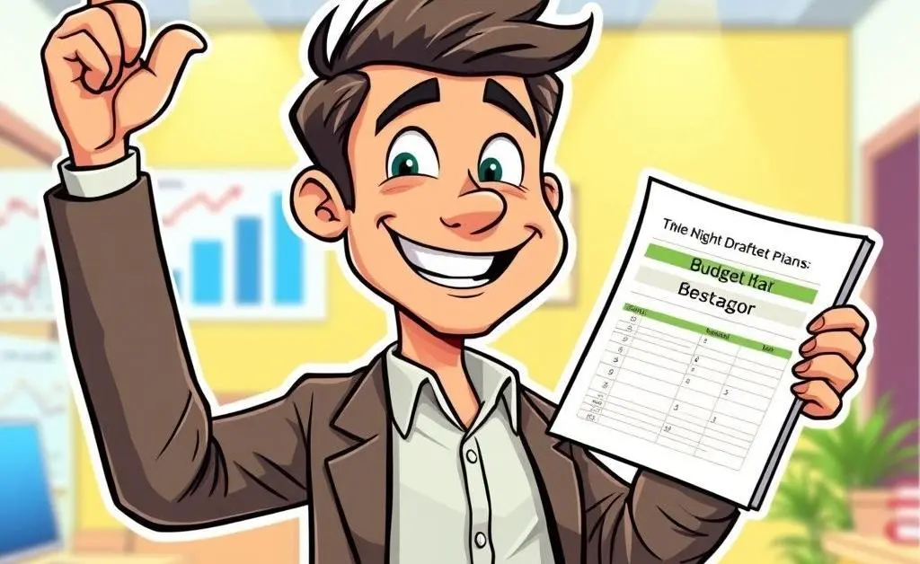 Cartoon of a man triumphantly holding a new budget plan