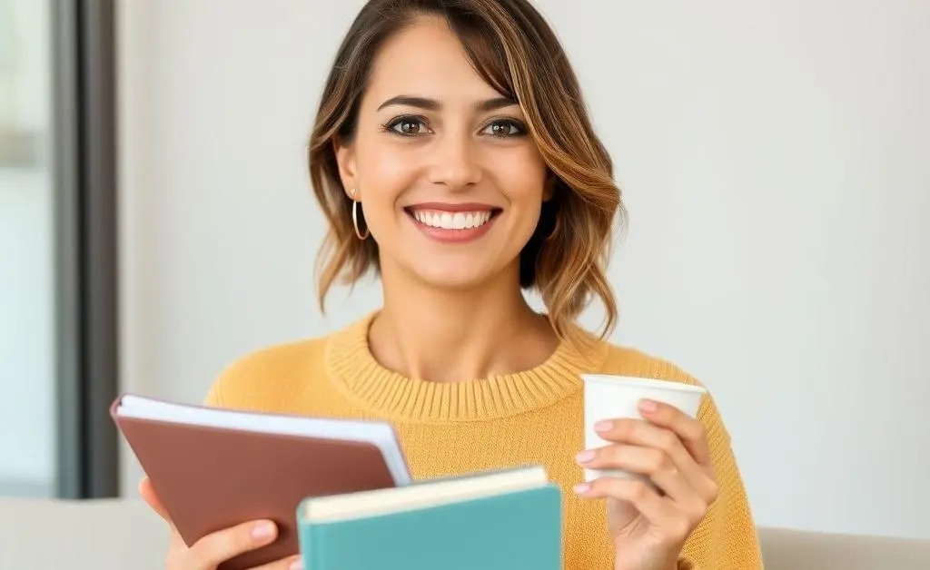 A woman smiling with a budget planner and a cup of coffee