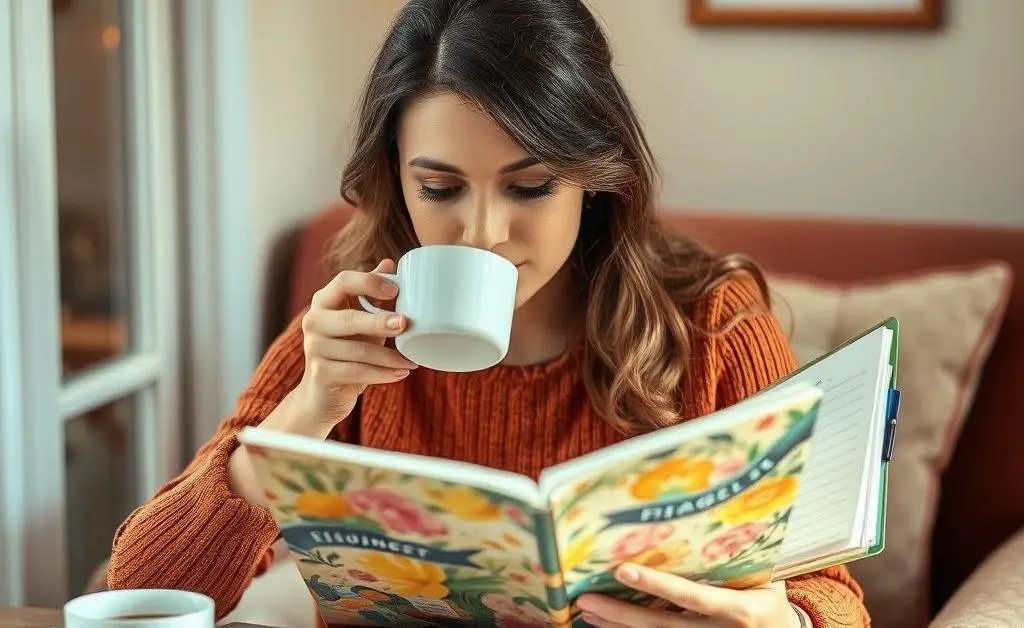 The woman reviewing her budget on a colorful planner while enjoying a cup of coffee.