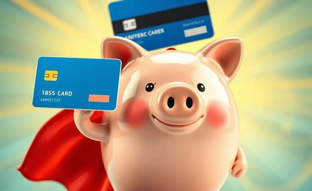 A piggy bank with a superhero cape saving the day by blocking the credit card from the shopping site.