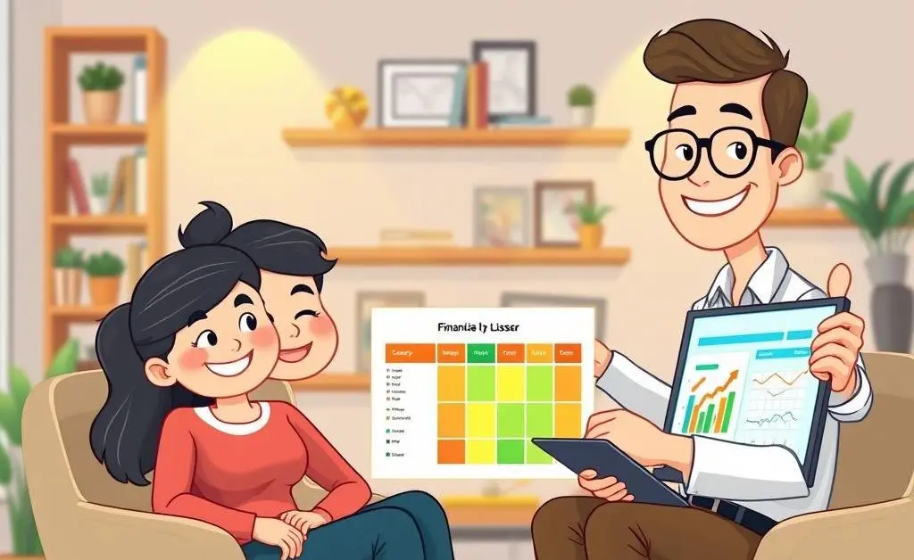 A cartoon couple sitting with a financial advisor, looking relieved as the advisor points to a sensible budgeting plan