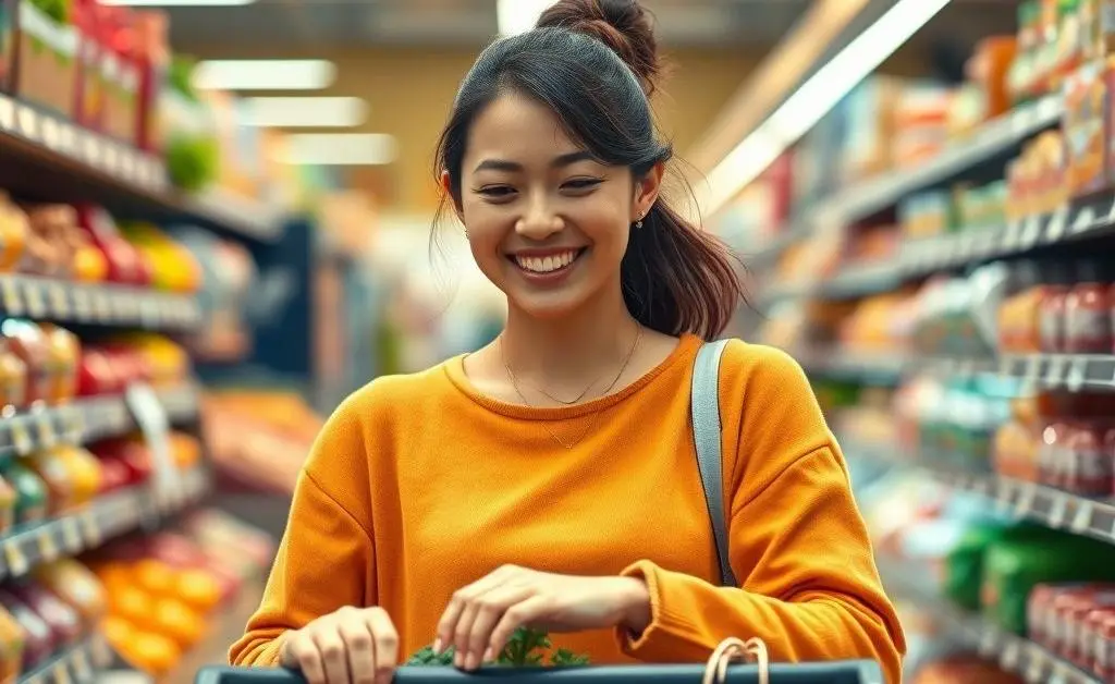 A woman smiling, pulling out items from her cart while looking relieved.