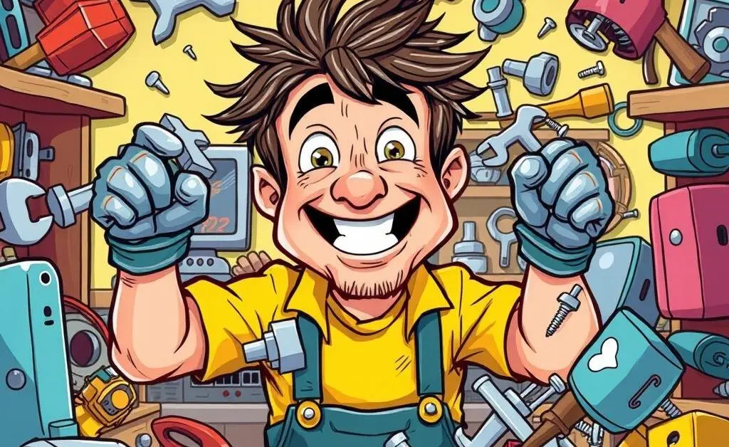 Cartoon of a man juggling multiple tasks, trying to fix things himself with funny results