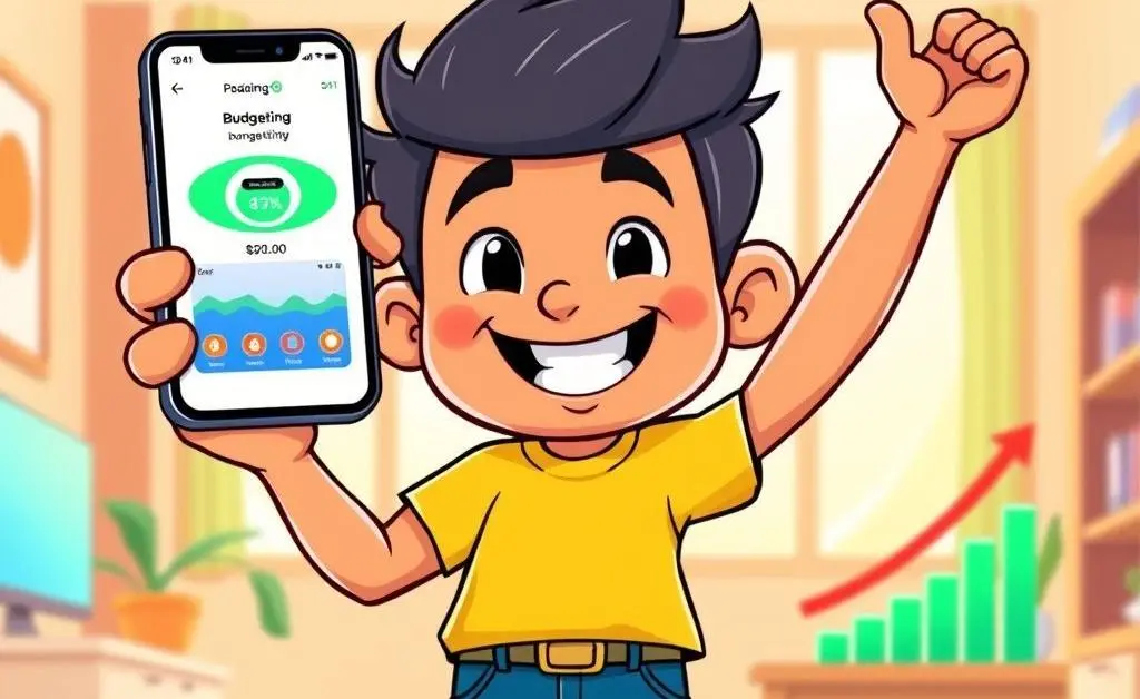 A cartoon character triumphantly holding a budgeting app, radiating success