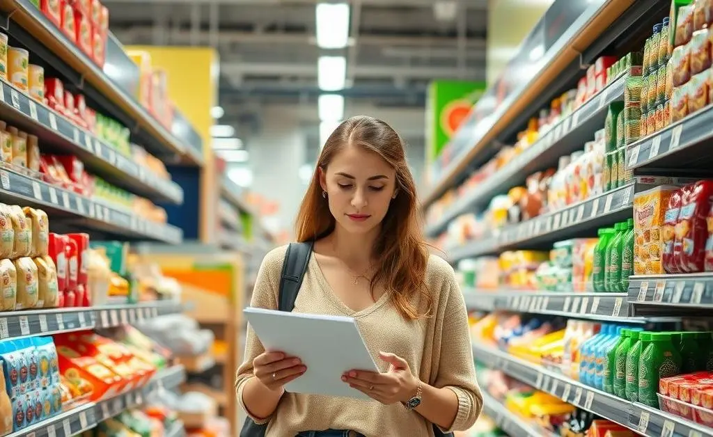 Woman in a supermarket, prioritizing items on a list