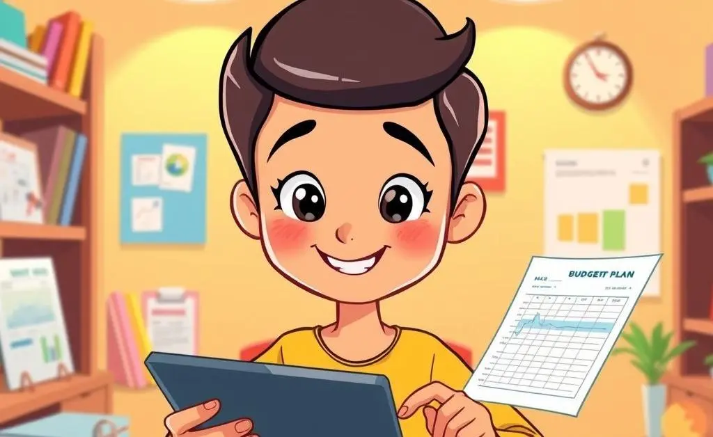 Cartoon character, Alex, carefully typing out a budgeting plan with a smile