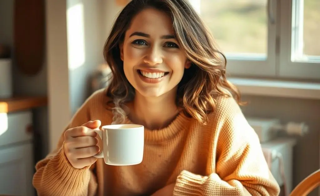 The woman smiling contentedly with a cup of coffee, a smaller, more thoughtful shopping list by her side