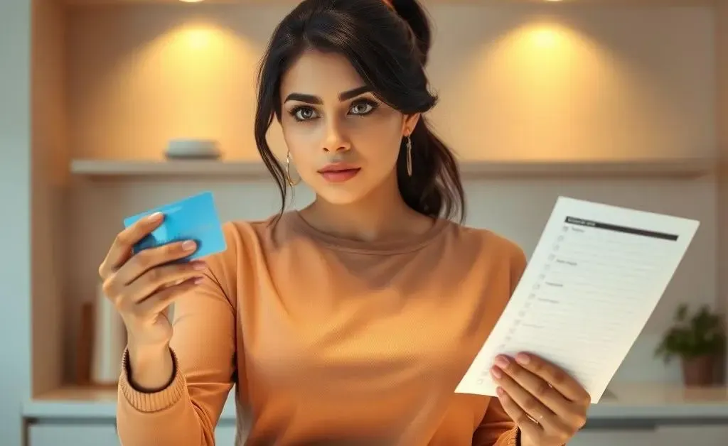 Mia looking determined, with a credit card and a shopping list