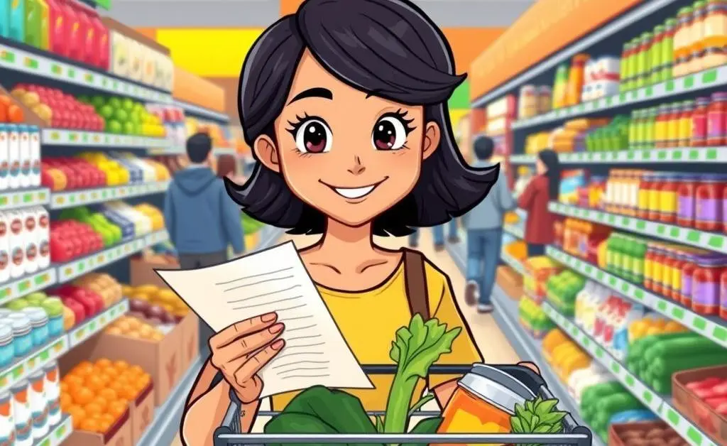 A woman shopping with a list, only picking essentials