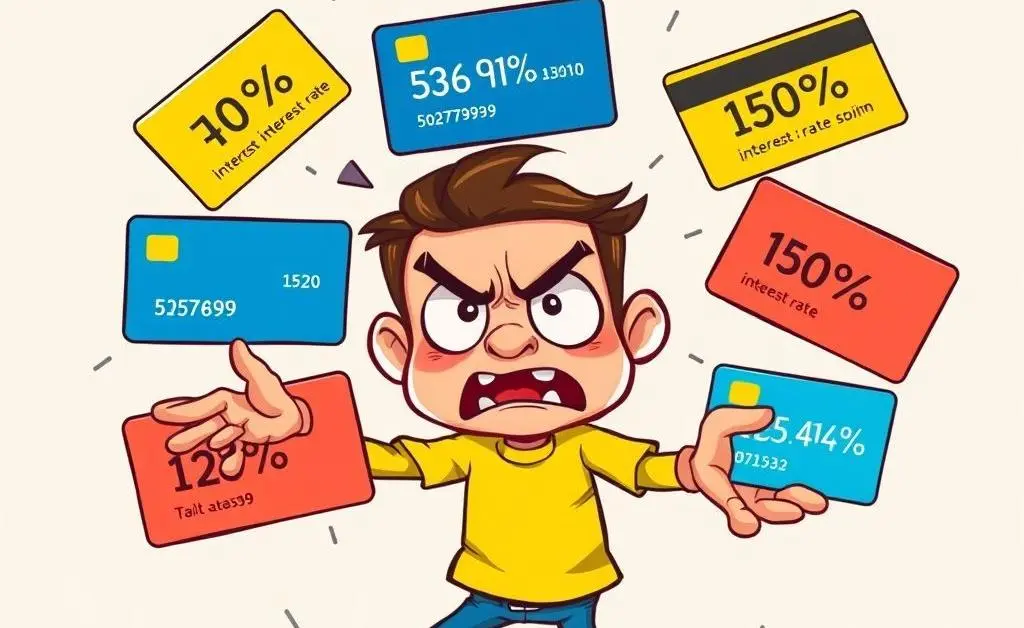 A cartoon image of a character juggling credit cards, looking frantically at multiple cards each labeled with big interests rates