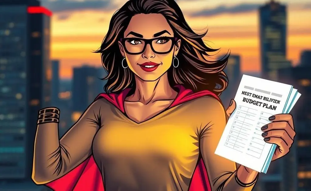 The woman is triumphantly holding a glowing budget plan with a superhero cape