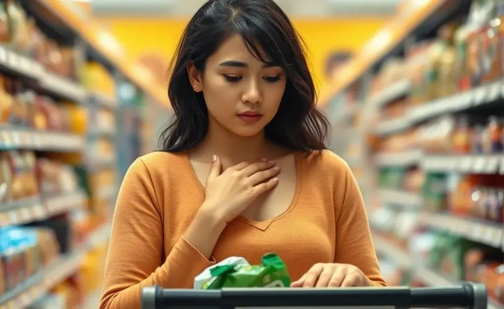 Mia taking a deep breath and organizing her shopping cart, removing unnecessary items
