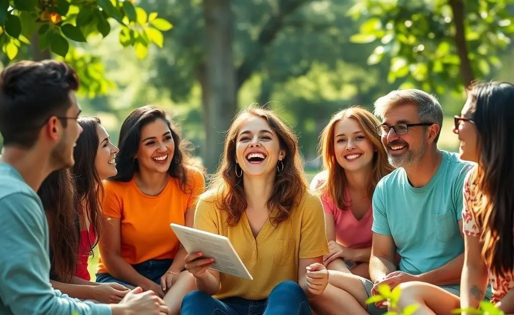 Mia sitting with friends, laughing and sharing her budget blunder story