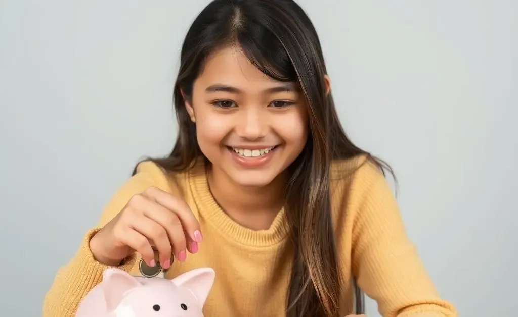A young woman happily depositing coins into a piggy bank