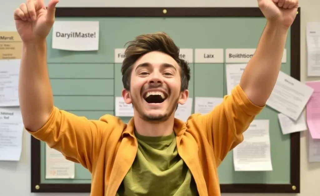 A relieved Alex celebrates small financial victories at their budgeting board