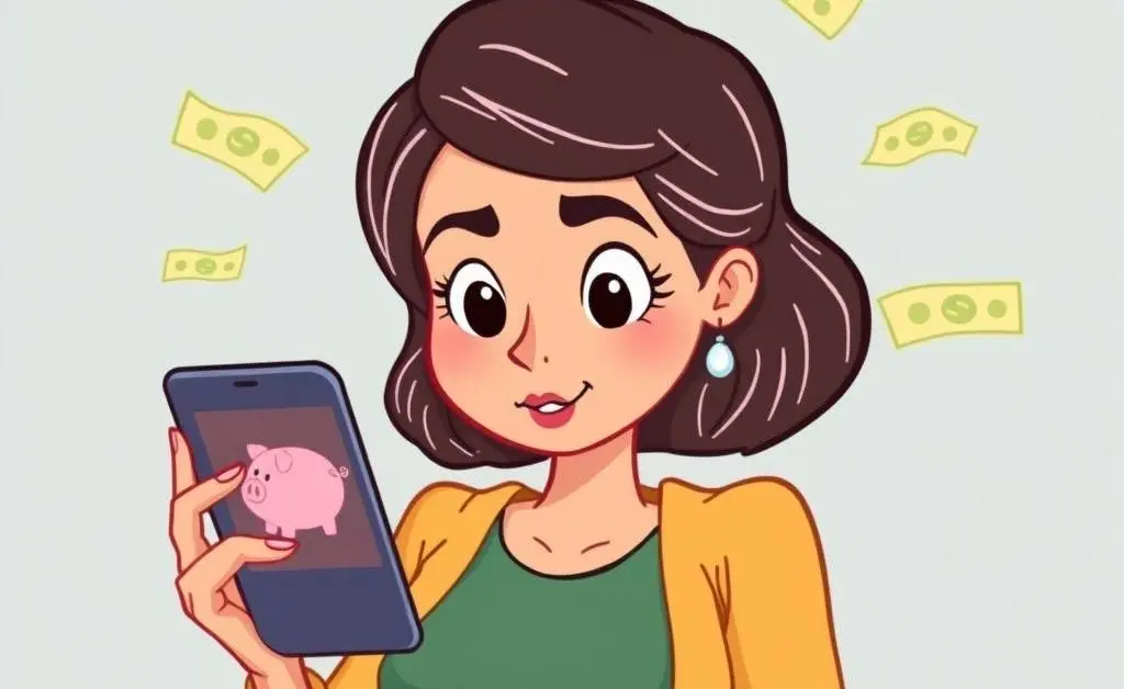 Cartoon woman browsing a budgeting app with determination