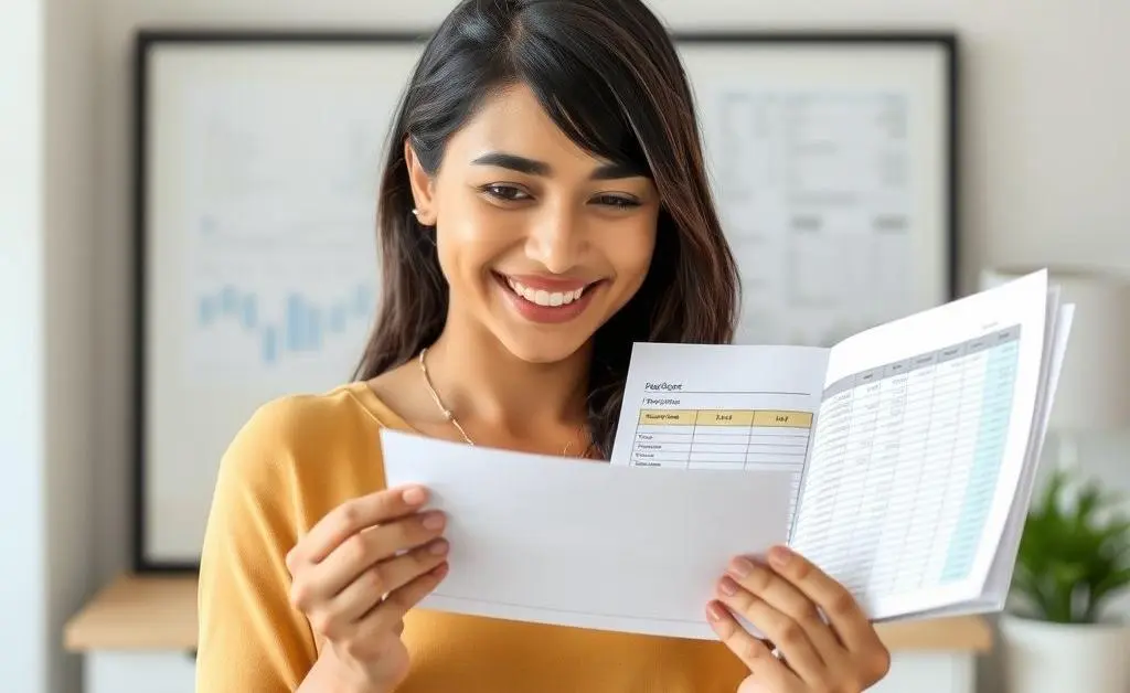 Mia proudly looking at a well-organized budget spreadsheet