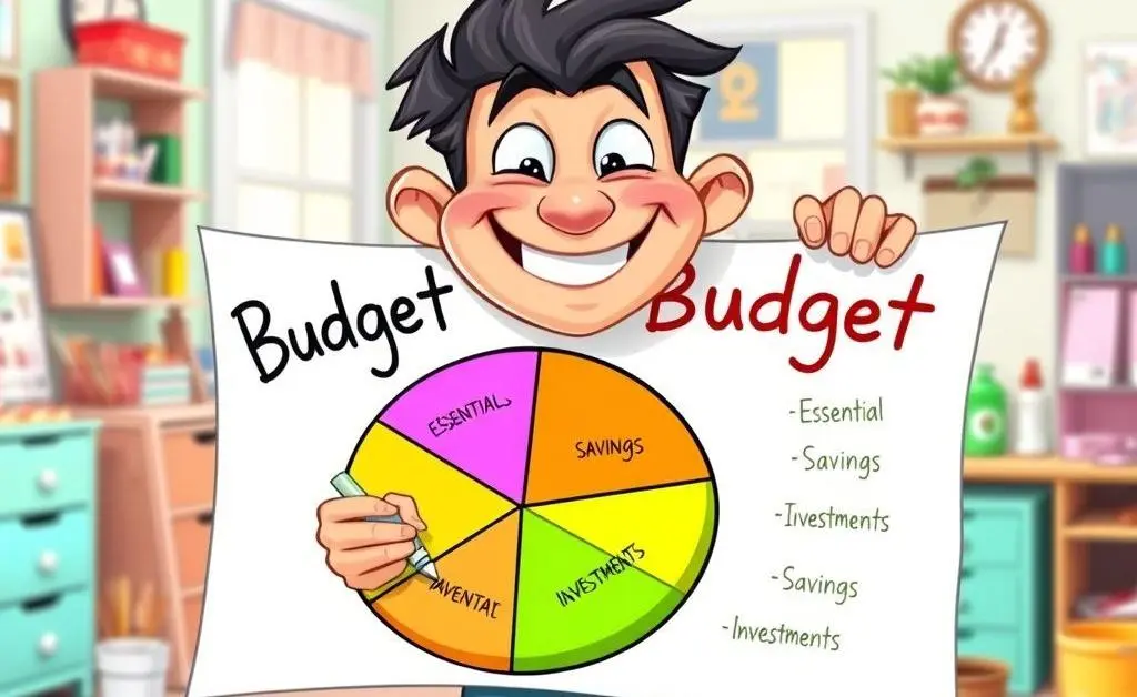 Cartoon character drawing a pie chart labeled 'Budget' with sections like 'Essentials', 'Savings', 'Investments'.