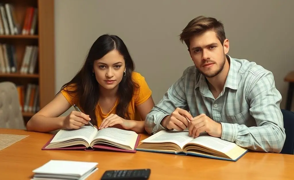 Mia and Jake sitting at a table, books open, calculators out, looking determined