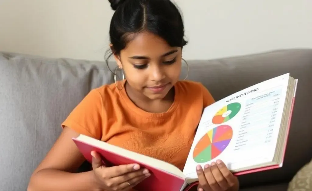 Mia reading a budgeting book and creating a pie chart with her expenses