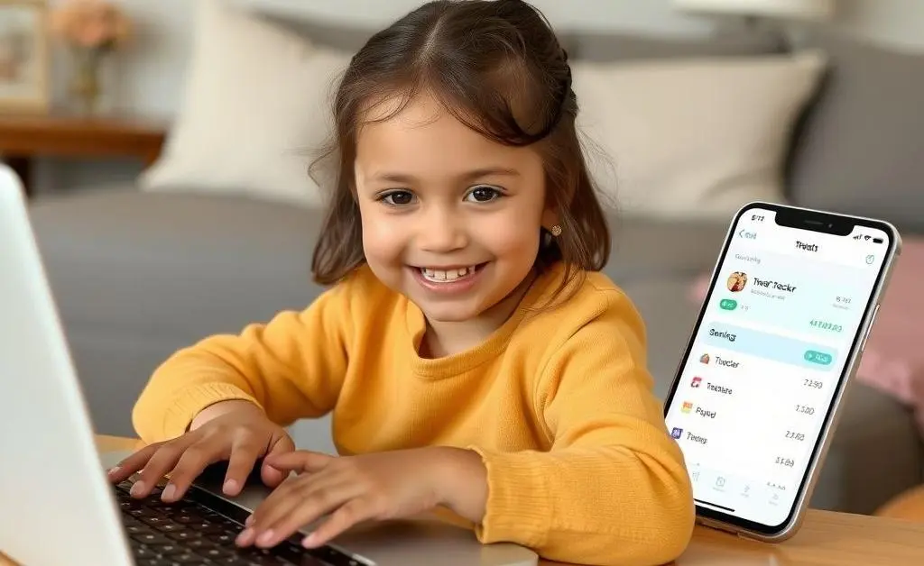 Mia happily working on her laptop with a treat tracker app open