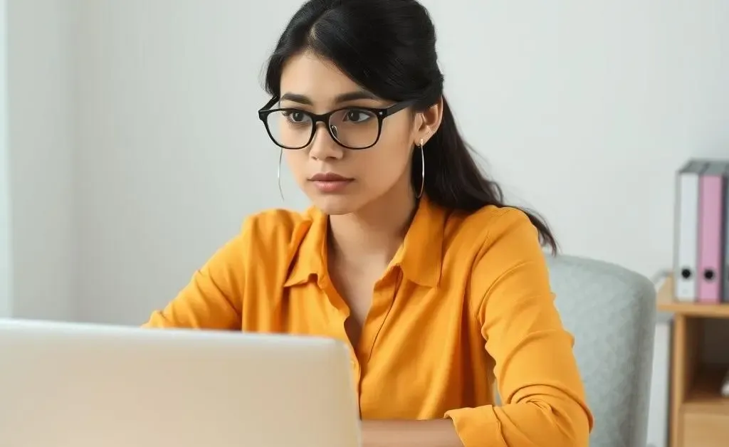 Mia sitting at a desk with a laptop and calculator, looking determined