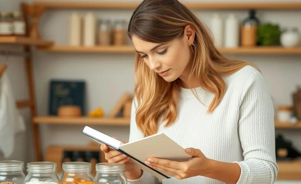A woman devising a shopping strategy with a notebook beside labeled jars of 'essentials' and 'extras'