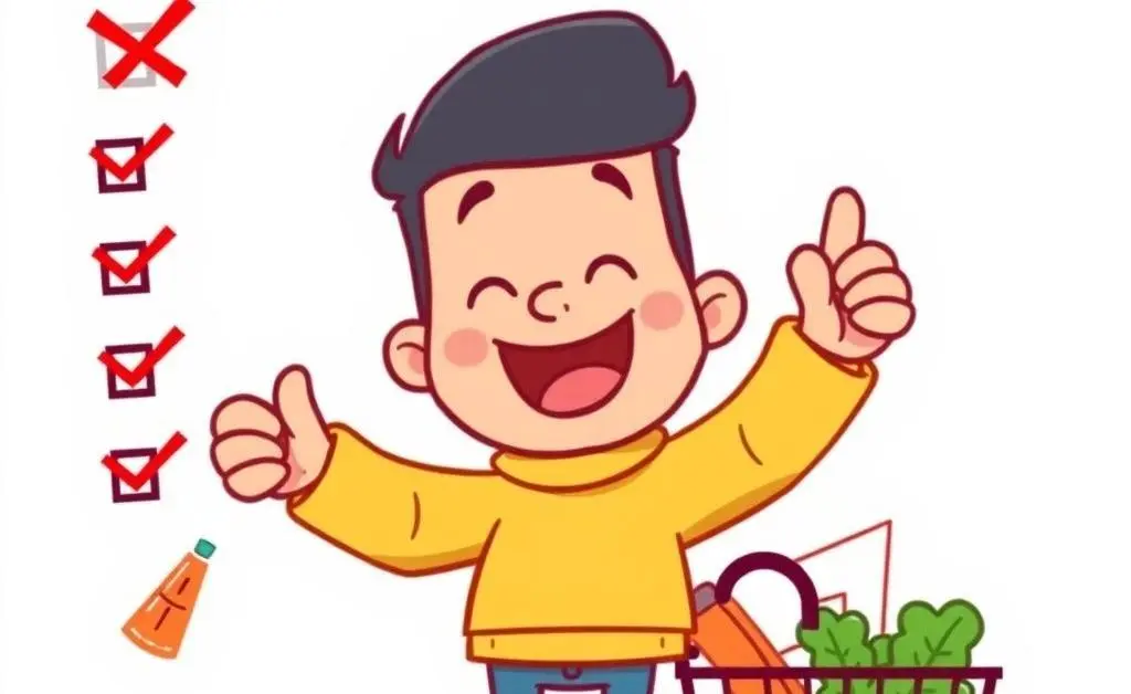 A cartoon character triumphantly crossing out shopping items from a list, smiling