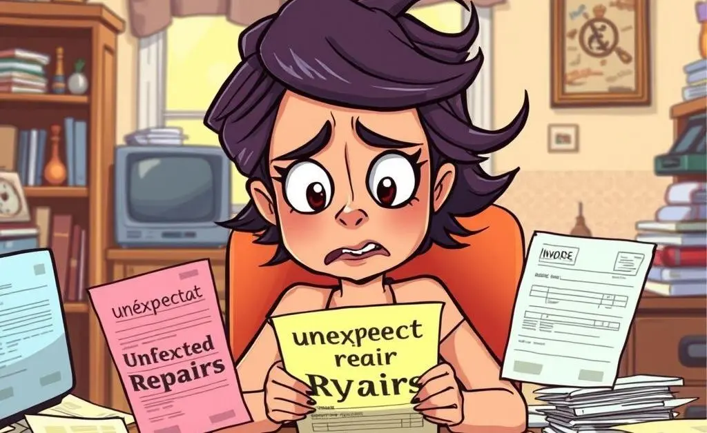 A woman looking frazzled with bills labeled 'unexpected repairs'