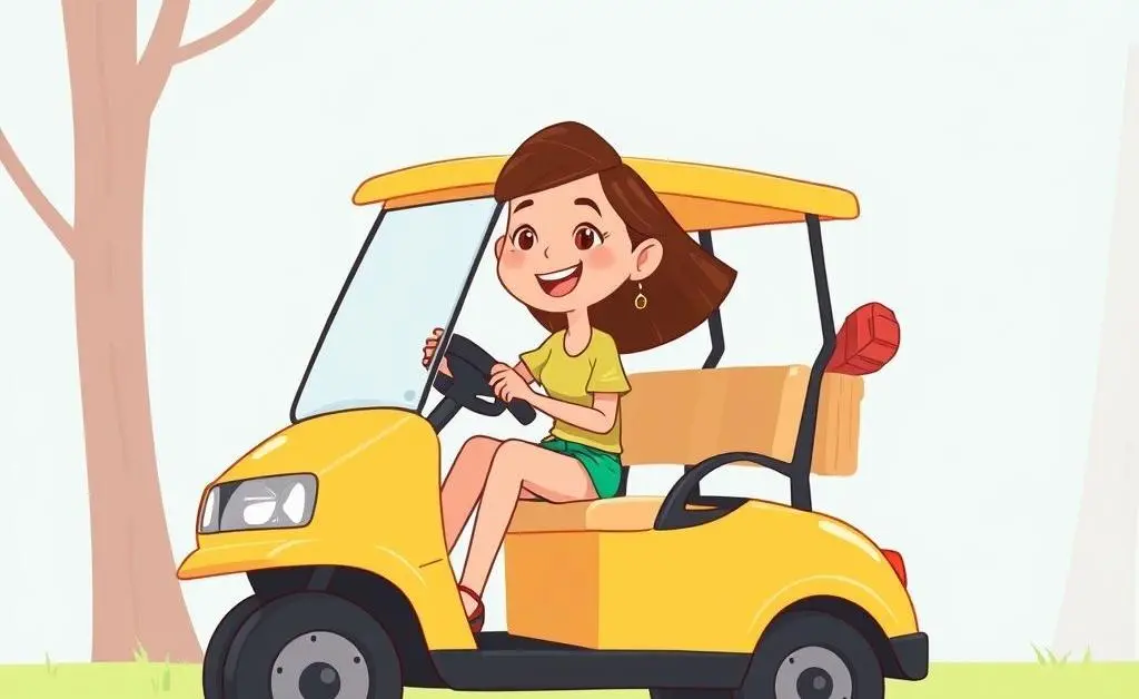 A cartoon woman happily enjoying a smaller, budget-friendly cart