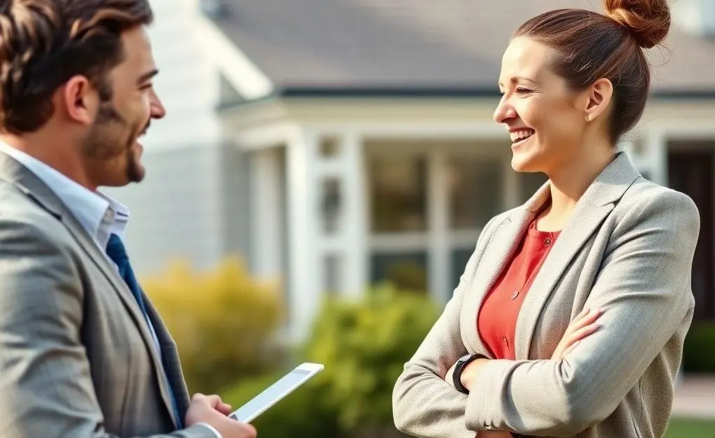 Couple talking to a cheerful real estate agent who has a bright idea