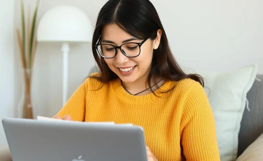 Mia reading a finance blog on her laptop