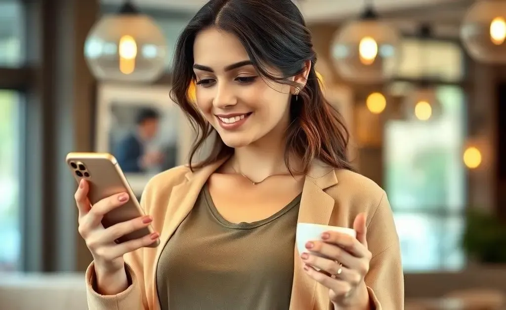 A woman proudly checking her budget app with a coffee in hand, feeling empowered