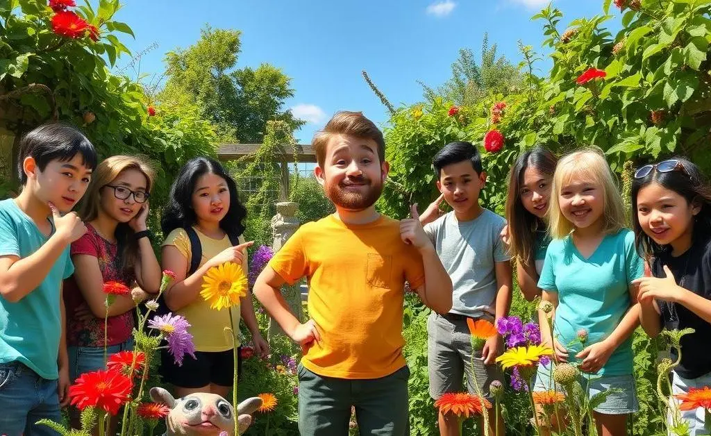 Sam and friends gather, scratching their heads at the garden spectacle, each pointing out quirky finds and laughing at the unanticipated treasure hunt.