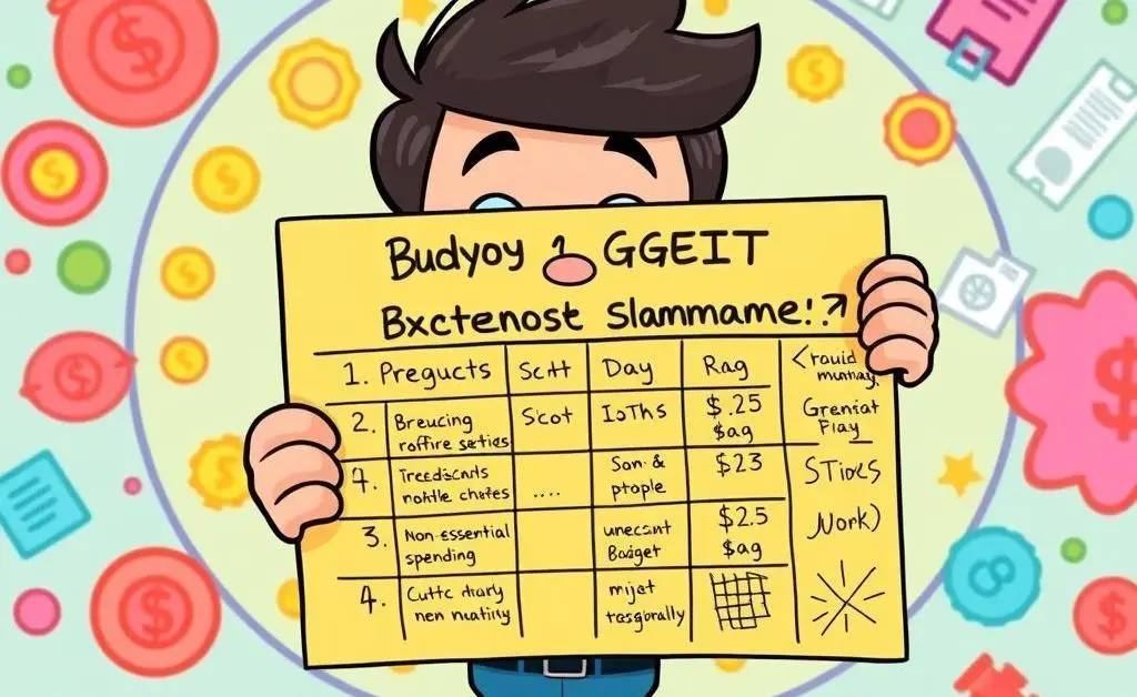 A cartoon character showing a vibrant budget tracker with notes on cutting down non-essential expenses.