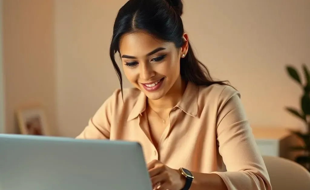 A woman confidently planning a budget on her laptop, with a look of determination