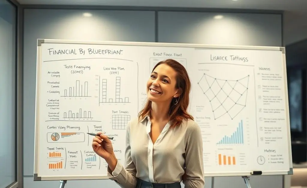 A woman confidently writing down a financial plan on a large whiteboard
