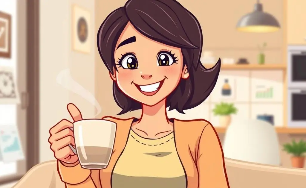 A woman more relieved with a balanced budget and a cup of coffee