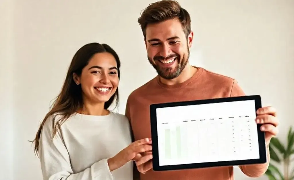 Mia and Jake smiling with a simplified budget plan