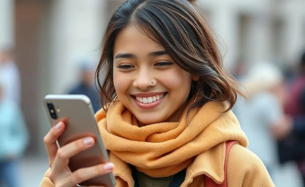 Mia smiling triumphantly with her phone showing a balanced budget