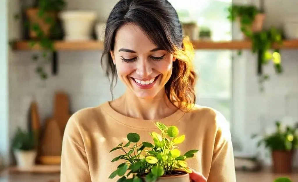 A woman happily domestic, holding a small plant with a satisfied expression