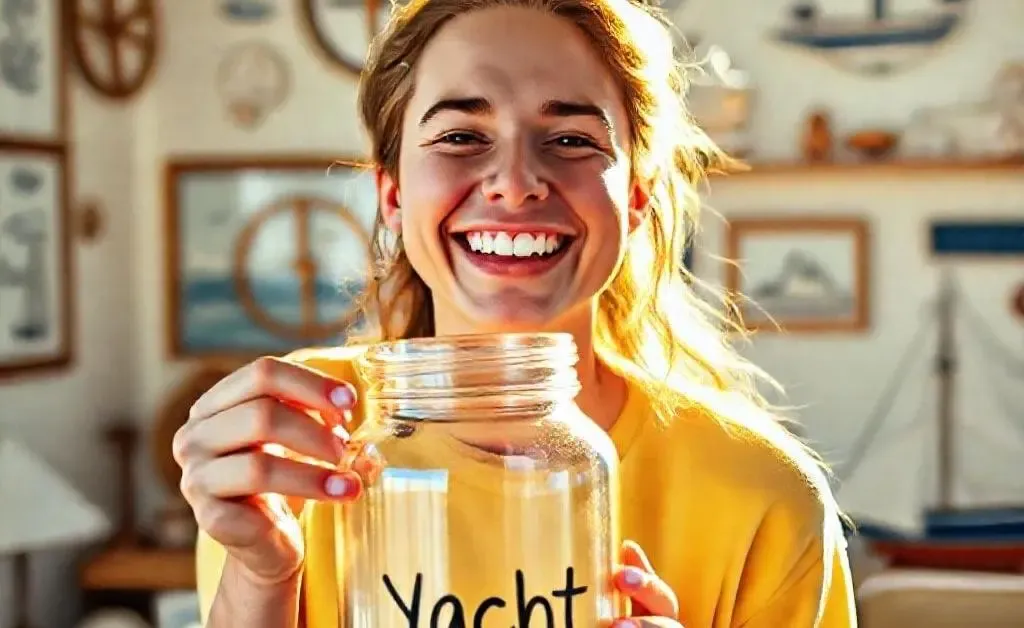 Happy Jamie with a savings jar labeled Yacht Fund, appearing more relaxed and motivated