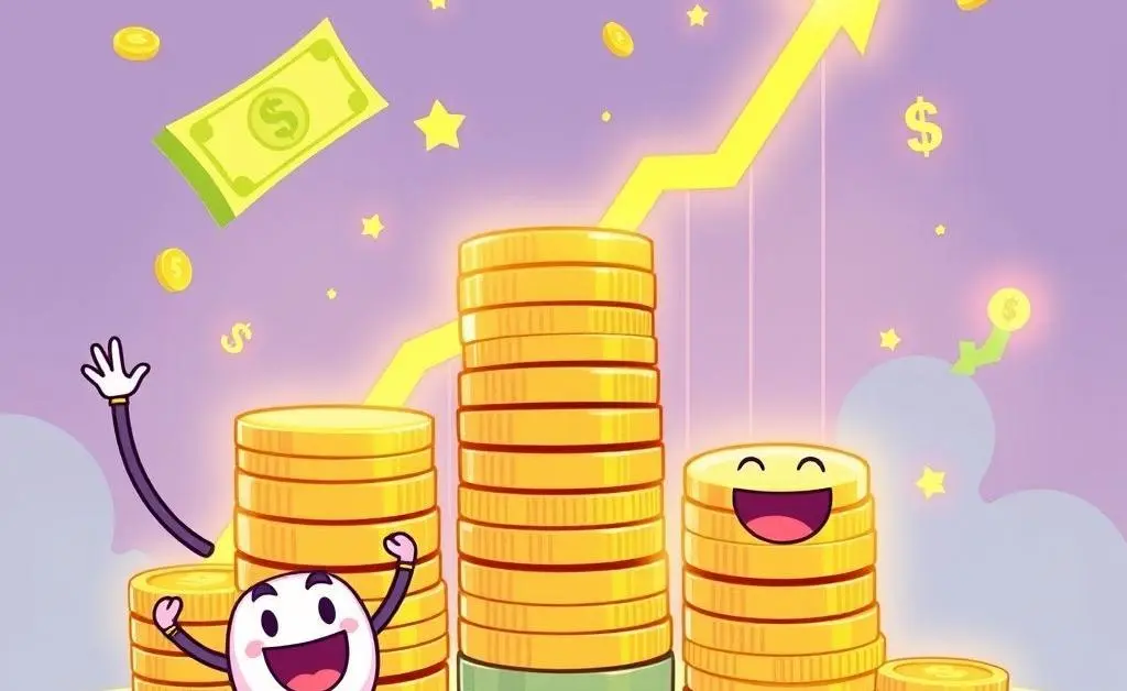 Cartoon of the man with a wide grin holding a thumbs-up next to a bar graph titled 'savings'