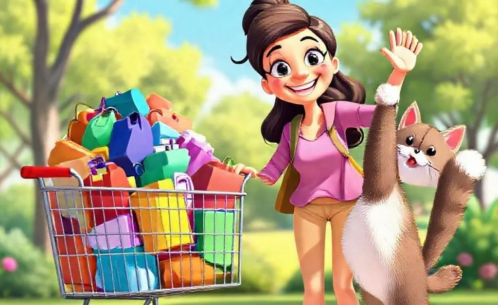 Mia waving goodbye to her overflowing shopping cart with a smile