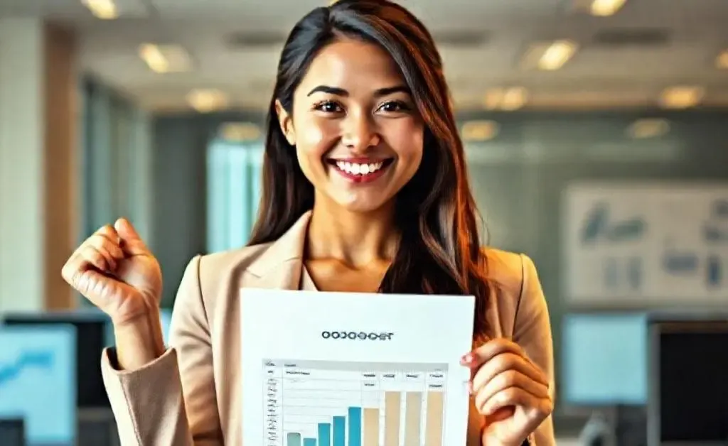 Mia triumphantly holding a new budget plan, a victorious smile on her face.