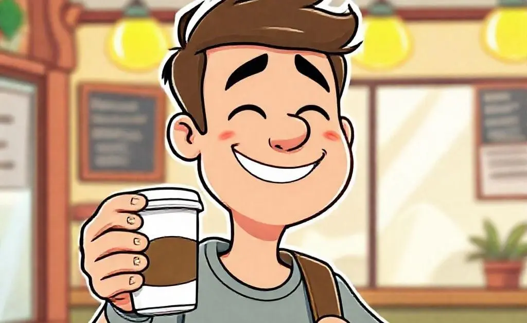 Cartoon of Jake looking relieved and proud, holding the cheaper coffee option with a satisfied grin.