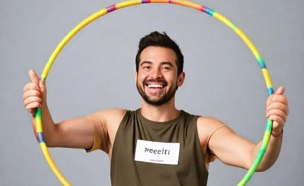 Jay happily balancing a hula hoop with a 'Credit Mix' label